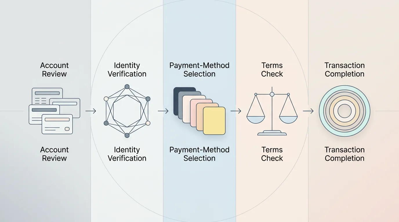Neutralny schemat procesu wypłaty od konta przez KYC i wybór metody do kontroli warunków i realizacji