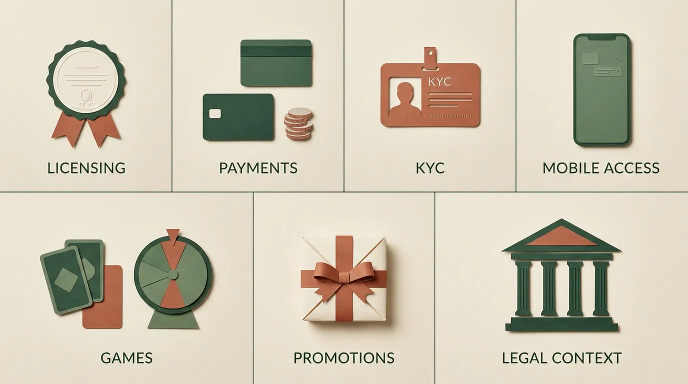 Redakcyjna infografika z obszarami analizy: licencja, płatności, KYC, mobile, gry, bonusy i prawo